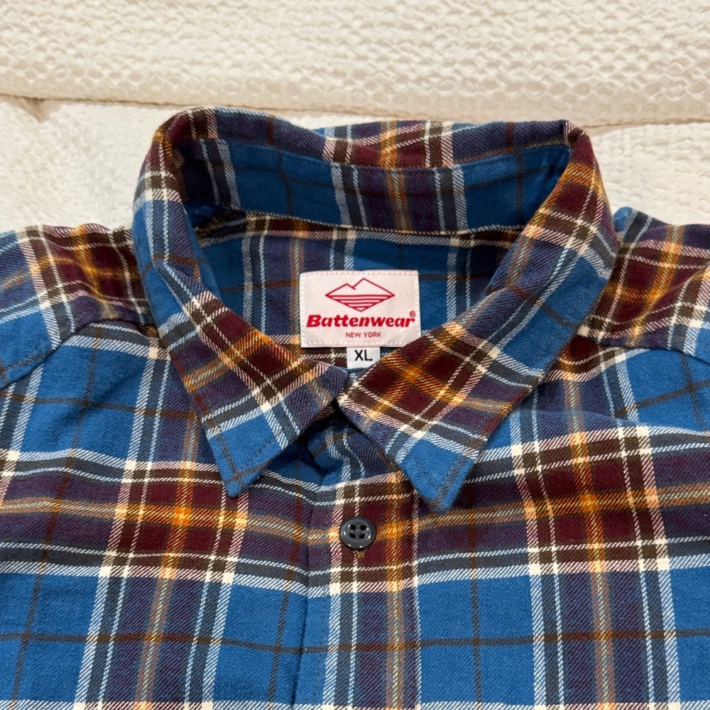 Battenwear Blue/Brown  Plaid Cotton Flannel Long Sleeve Shirt Size XL